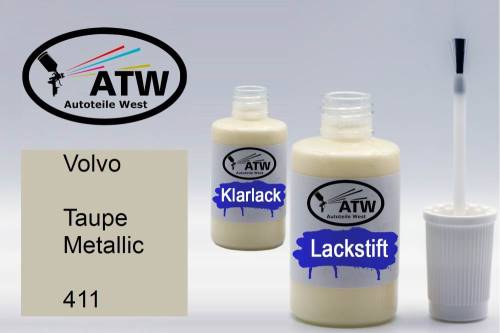 Volvo, Taupe Metallic, 411: 20ml Lackstift + 20ml Klarlack - Set, von ATW Autoteile West.